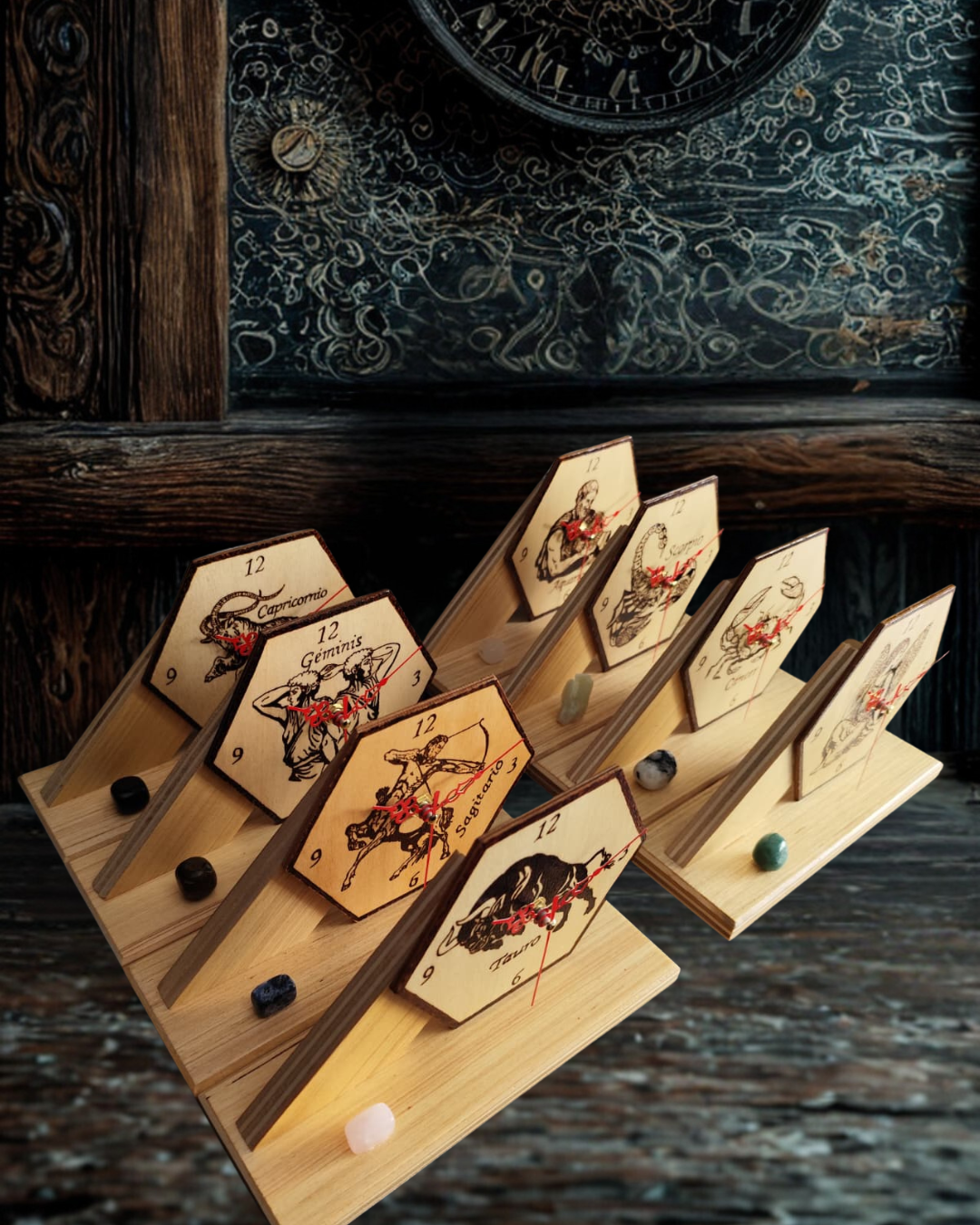 Reloj de Madera del Zodiaco Artesanal | Colección de Signos | Hexagonal