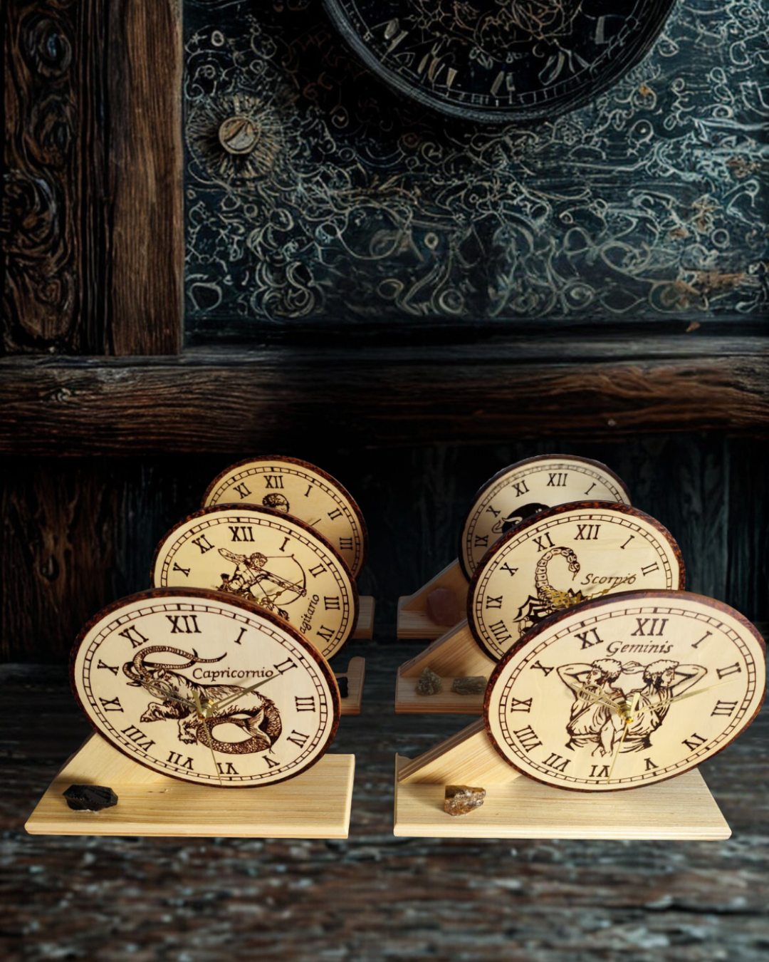 Reloj de Madera del Zodiaco Artesanal | Colección de Signos | Circular Grande