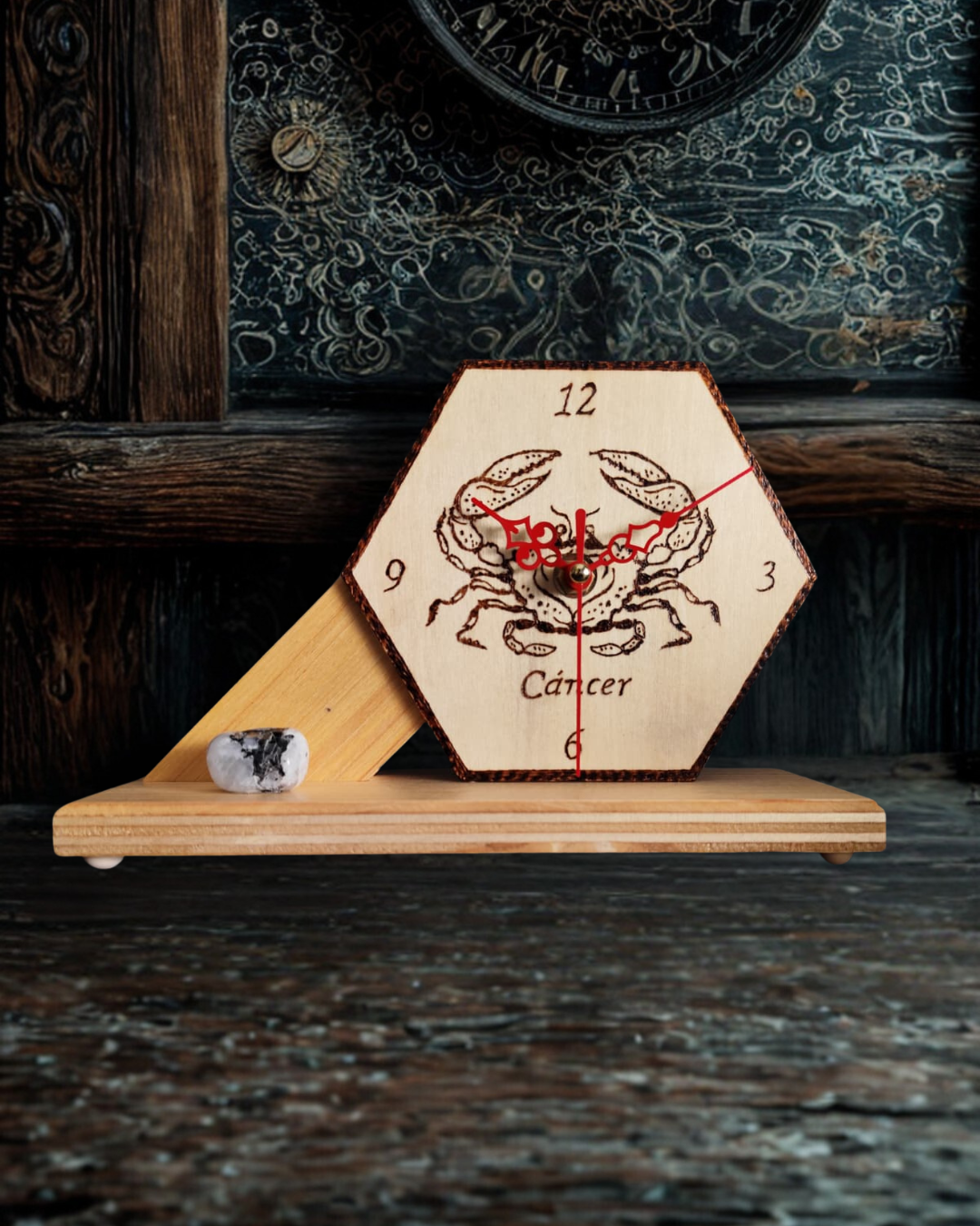 Reloj de Madera del Zodiaco Artesanal | Colección de Signos | Hexagonal